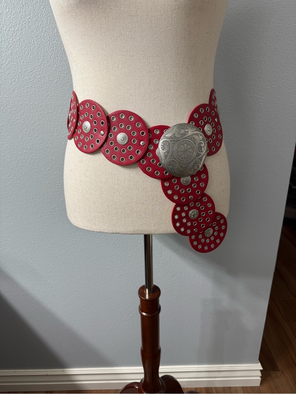 Red Concho Disc Statement Belt Silver Grommet Boho Western 44"